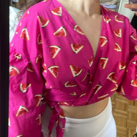 Color me Courtney Emily wrap top bubble 3/4th sleeve watermelon print blouse - Picture 6 of 8